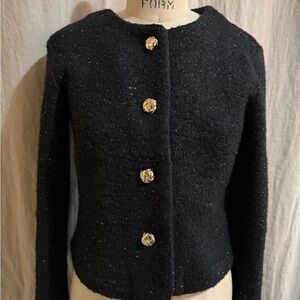 Aqua Cropped Black Tweed Jacket – Gold Buttons – Metallic Sparkle – Size Small